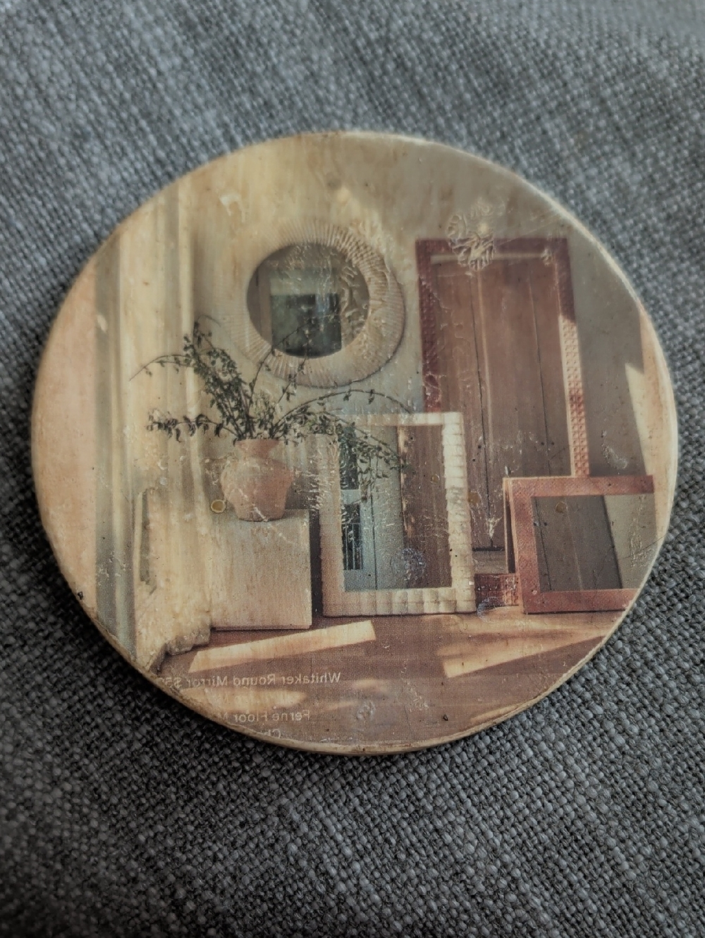 Decorative Round Ceramic Coaster with Neutral Interior Scene - Handcrafted